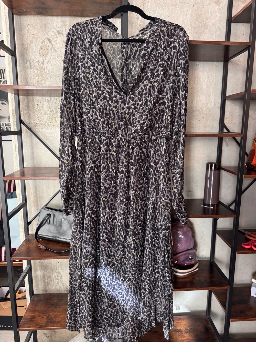 All Saints Long Sleeve V-Neck Leopard Print Dress - Black, Gray, Cream